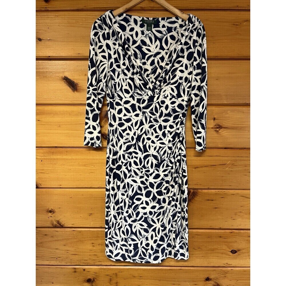 Ralph Lauren Navy White Painted Flowers Print Sheath Dress Size 6 Sleeves 3/4